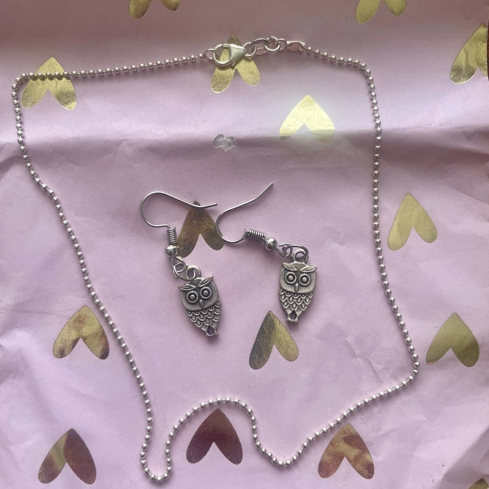 15 inch silver tiny ball choker necklace and Owl Dangle Earrings Jewelry set